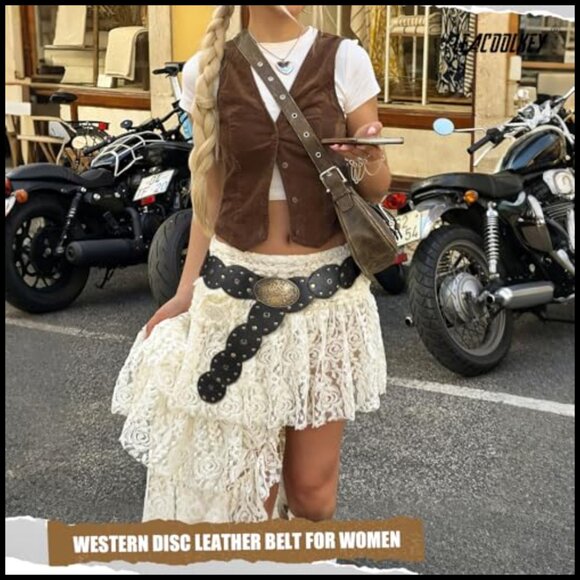 Western Concho Belt Vintage Boho Chic Hollow Disc Waist Belt Faux Leather main image 7